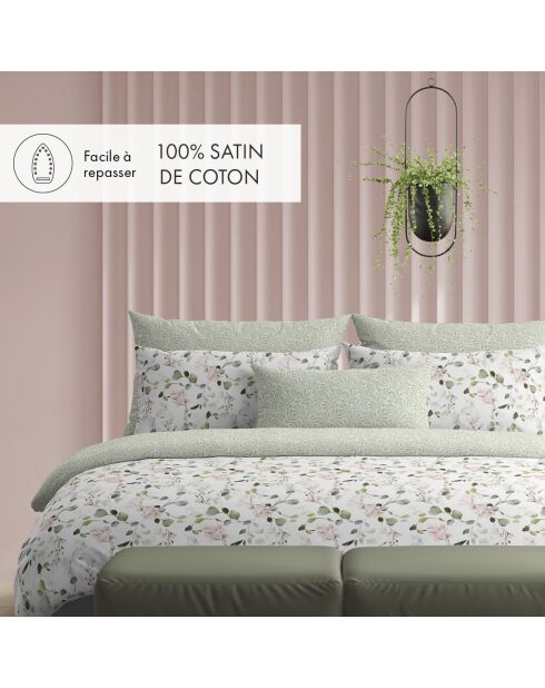 Housse de couette + taie d'oreiller en satin de coton Eclat d'eucalyptus blanches - 140x200 cm