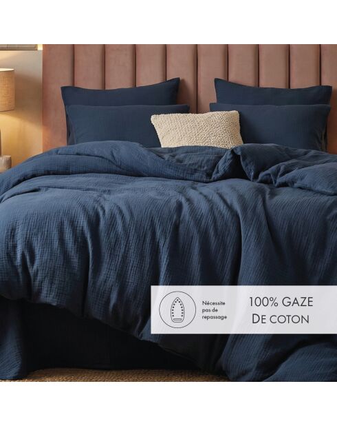 Housse de couette + taie d'oreiller gaze de coton Uni bleu 14 - 140x200 cm