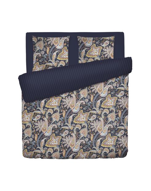 Housse de couette + 2 taies d'oreiller en satin de coton Boteh bleu foncé/doré - 240x220 cm