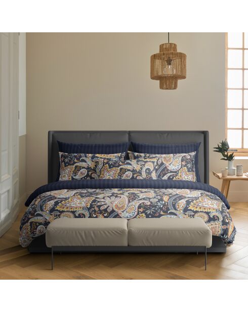 Housse de couette + 2 taies d'oreiller en satin de coton Boteh bleu foncé/doré - 240x220 cm