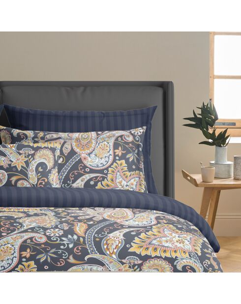 Housse de couette + 2 taies d'oreiller en satin de coton Boteh bleu foncé/doré - 240x220 cm