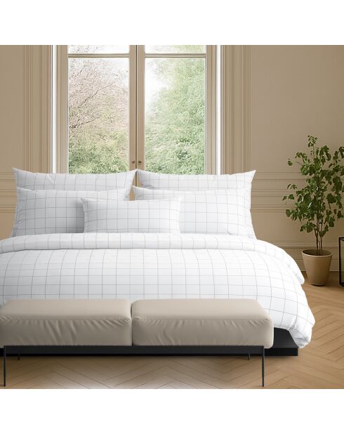 Housse de couette + 2 taies d'oreiller en satin de coton Grands carreaux blanc/taupe
