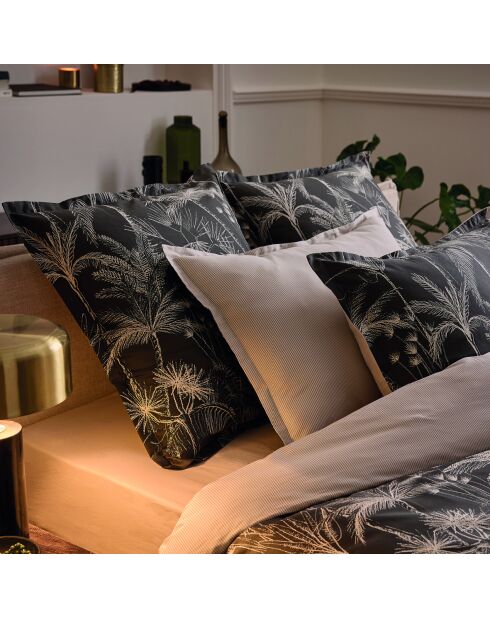 Housse de couette + taie d'oreiller 80x80 satin de coton Wild noires - 135x200 cm