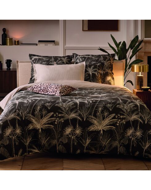 Housse de couette + taie d'oreiller 80x80 satin de coton Wild noires - 135x200 cm