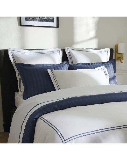 Housse de couette + taie d'oreiller en satin de coton Nice bleu foncé/blanc - 140x200 cm