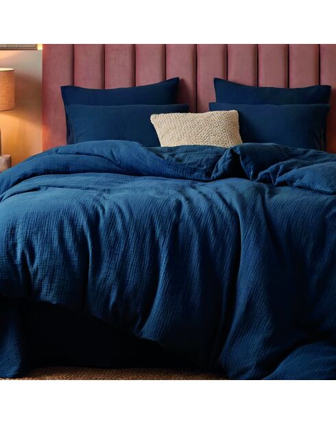 Housse de couette + 2 taies d'oreiller gaze de coton Uni bleu 14 - 240x220 cm