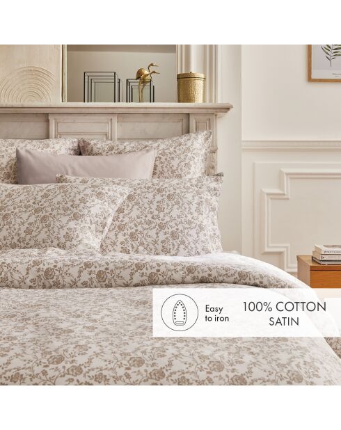 Housse de couette + taie d'oreiller en satin de coton Parterre de Roses blanc/taupe - 140x200 cm