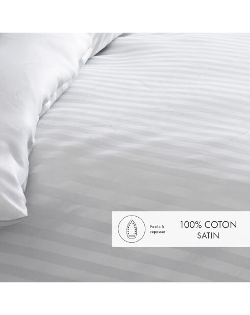 Housse de couette + 2 taies d'oreiller en satin de coton rayure tissé dobby Jacquard blanches