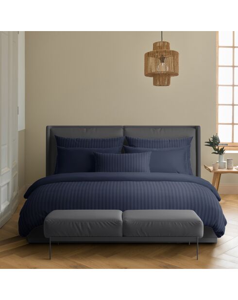 Housse de couette + 2 taies d'oreiller en satin de coton rayure tissé dobby Jacquard bleu foncé