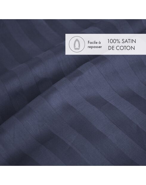 Housse de couette + 2 taies d'oreiller en satin de coton rayure tissé dobby Jacquard bleu foncé