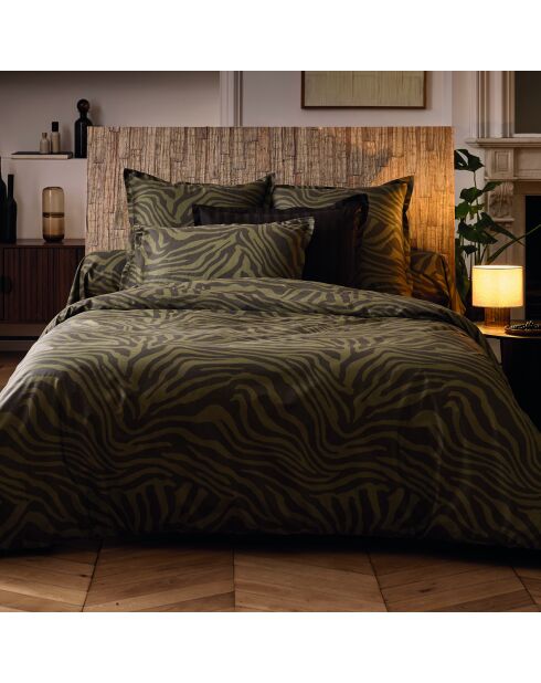 Housse de couette + 2 taies d'oreiller 80x80 satin de coton Evasion zébrée vert foncé - 200x220 cm