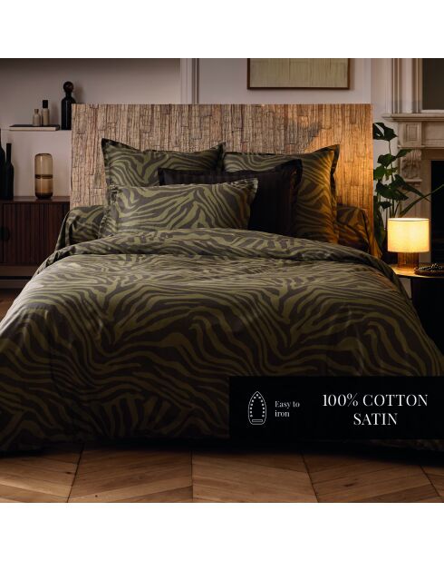 Housse de couette + 2 taies d'oreiller 80x80 satin de coton Evasion zébrée vert foncé - 200x220 cm