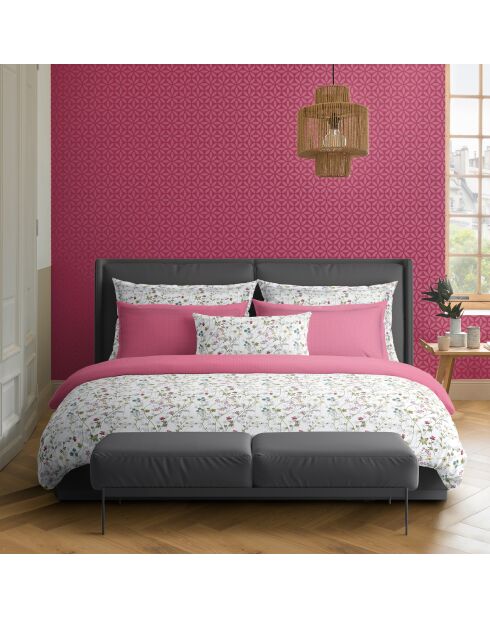 Housse de couette + 2 taies d'oreiller en satin de coton Fleurs sauvages blanches
