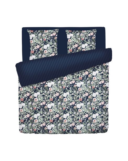 Housse de couette + 2 taies d'oreiller en satin de coton Nuit florale bleu foncé - 260x240 cm
