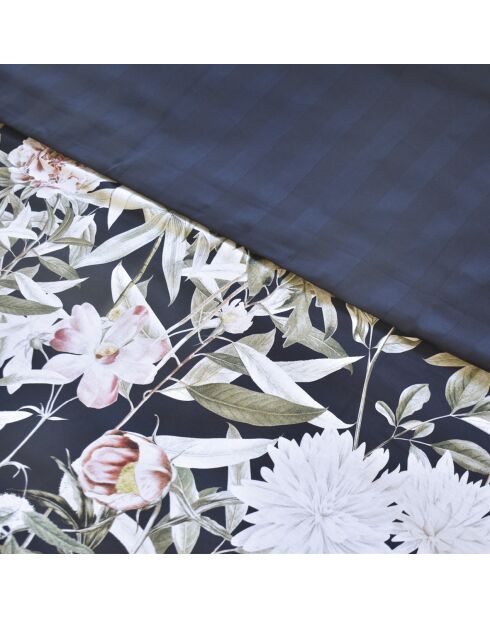 Housse de couette + 2 taies d'oreiller en satin de coton Nuit florale bleu foncé - 260x240 cm