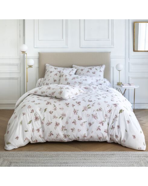 Drap plat motif floral blanche à fleurs roses