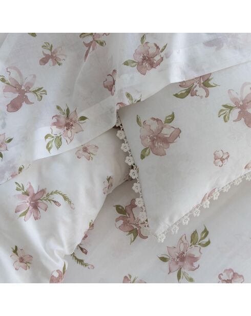 Drap plat motif floral blanche à fleurs roses