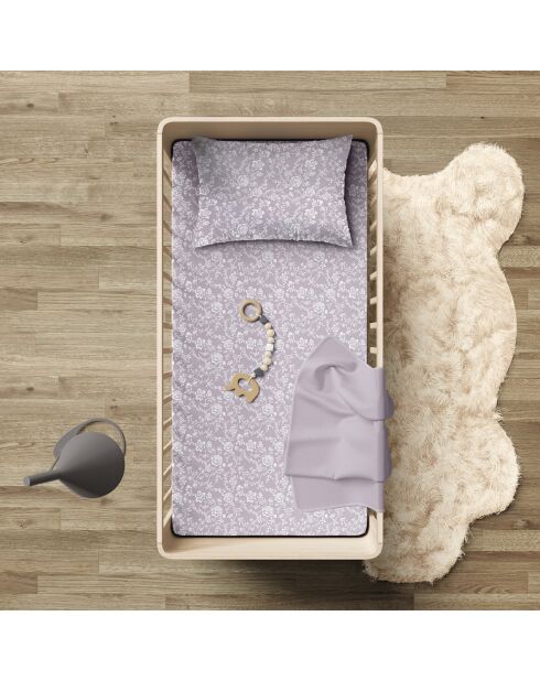 Drap plat bébé en satin de coton Parterre de Roses lavande - 80x110 cm