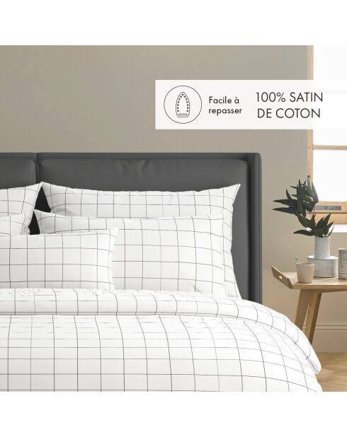 Housse de couette + 2 taies d'oreiller en satin de coton Grands Carreaux blanches