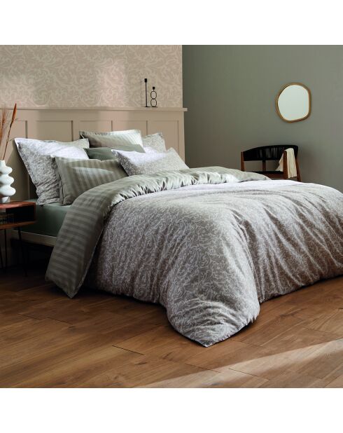 Housse de couette + 2 taies d'oreiller en satin de coton Damask Floralia taupe