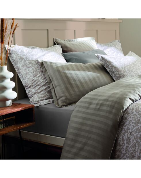 Housse de couette + 2 taies d'oreiller en satin de coton Damask Floralia taupe