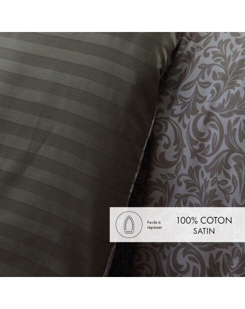 Housse de couette + 2 taies d'oreiller en satin de coton Damask Floralia taupe
