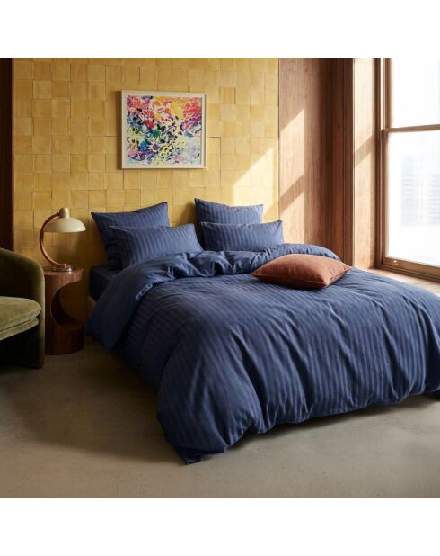 Housse de couette + taie d'oreiller en satin de coton rayure tissé dobby Jacquard bleu foncé - 140x200 cm