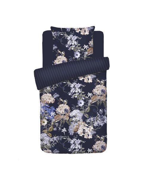 Copripiumino + federa in cotone satinato fiori di ortensia blu scuro - 140x200 cm
