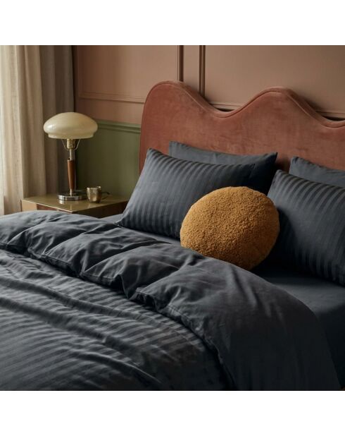Housse de couette + taie d'oreiller en satin de coton rayure tissé dobby Jacquard noires - 140x200 cm