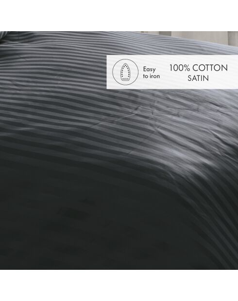 Housse de couette + taie d'oreiller en satin de coton rayure tissé dobby Jacquard noires - 140x200 cm