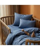 Housse de couette + taie d'oreiller bébé en satin de coton rayure tissé dobby Jacquard bleues - 80x120 cm
