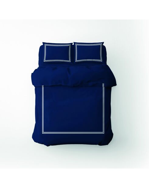 Housse de couette + taie d'oreiller 80x80 satin de coton Annecy blanc/bleu foncé - 135x200 cm