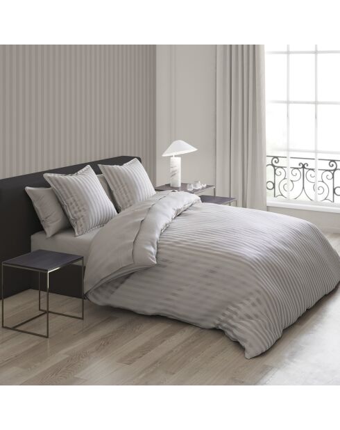 Housse de couette + 2 taies d'oreiller en satin de coton rayure tissé dobby Jacquard taupe - 260x240 cm