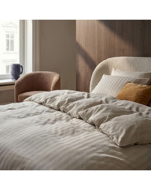 Housse de couette + 2 taies d'oreiller en satin de coton rayure tissé dobby Jacquard taupe - 260x240 cm