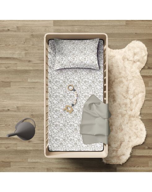 Parterre de Roses dekbedovertrek van wit/taupe katoensatijn + kussensloop voor baby's - 100x135 cm