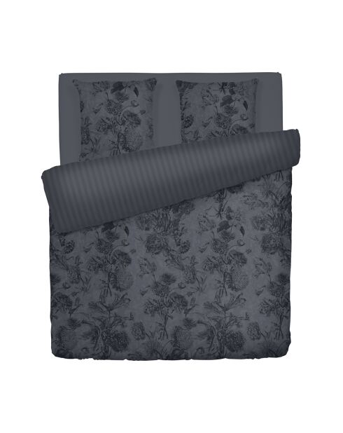 Housse de couette + 2 taies d'oreiller en satin de coton Toile Fleurie gris foncé