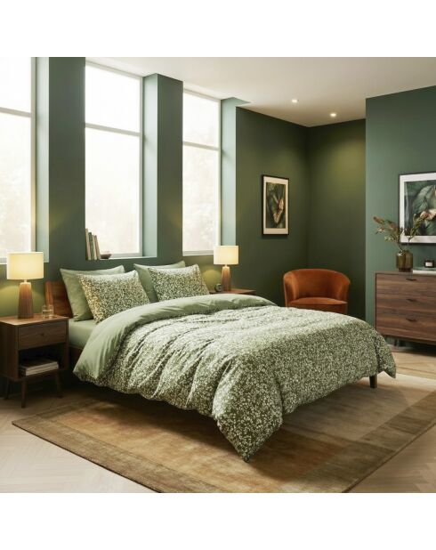 Housse de couette + 2 taies d'oreiller en satin de coton Floréal vert
