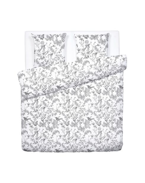 Housse de couette + 2 taies d'oreiller en satin de coton Colibri botanique noir gris