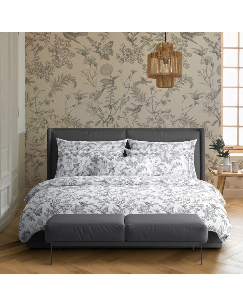 Housse de couette + 2 taies d'oreiller en satin de coton Colibri botanique noir gris
