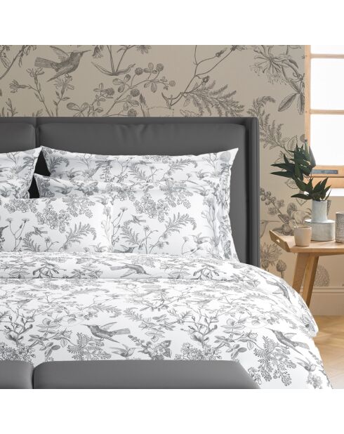 Housse de couette + 2 taies d'oreiller en satin de coton Colibri botanique noir gris