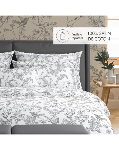 Housse de couette + 2 taies d'oreiller en satin de coton Colibri botanique noir gris