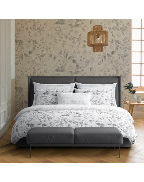 Housse de couette + 2 taies d'oreiller en satin de coton Roseraie noir/blanc