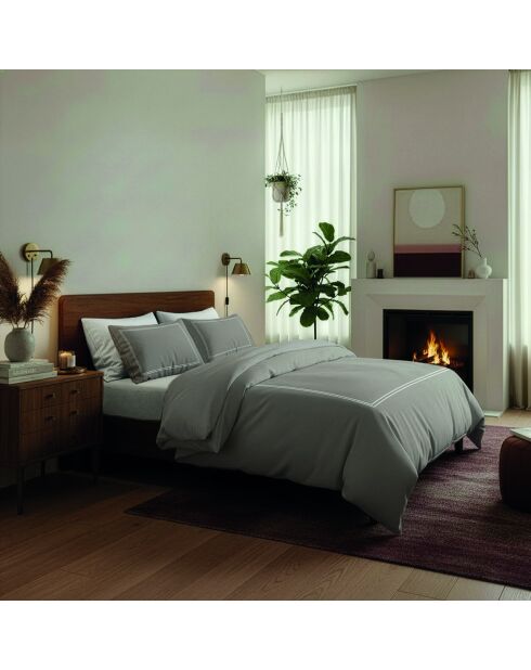 Housse de couette + 2 taies d'oreiller 80x80 satin de coton Annecy blanc/taupe - 200x220 cm