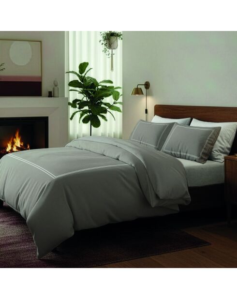 Housse de couette + 2 taies d'oreiller 80x80 satin de coton Annecy blanc/taupe - 200x220 cm