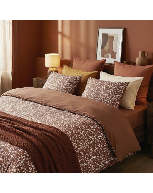 Housse de couette + 2 taies d'oreiller en satin de coton Floréal terracotta