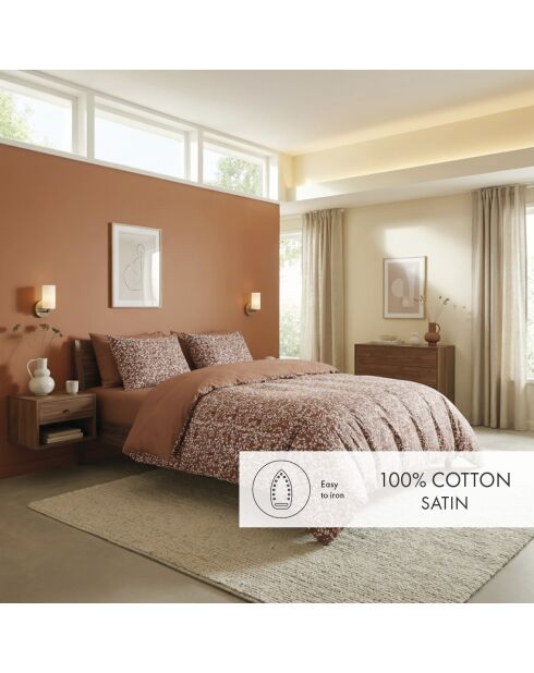 Housse de couette + 2 taies d'oreiller en satin de coton Floréal terracotta