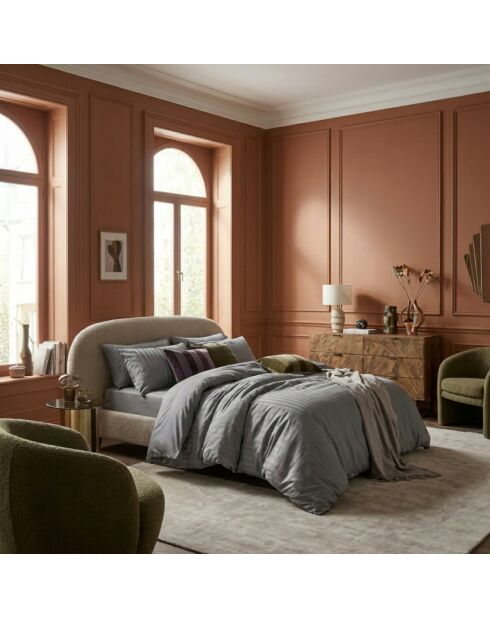 Housse de couette + 2 taies d'oreiller en satin de coton rayure tissé dobby Jacquard gris foncé