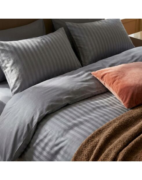 Housse de couette + 2 taies d'oreiller en satin de coton rayure tissé dobby Jacquard gris foncé