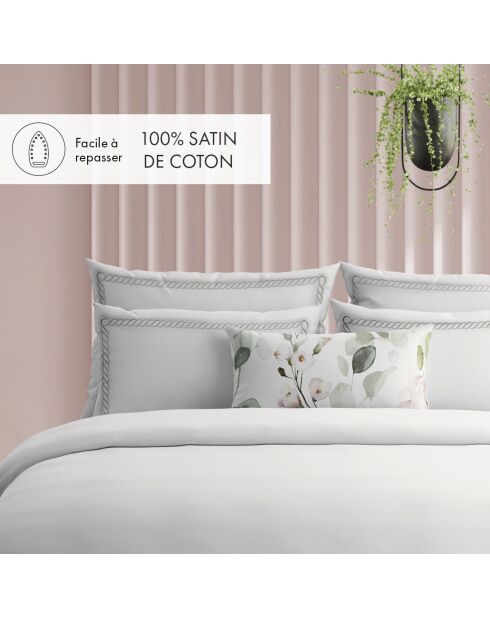 Housse de couette + taie d'oreiller en satin de coton Eclat de perle gris/blanc