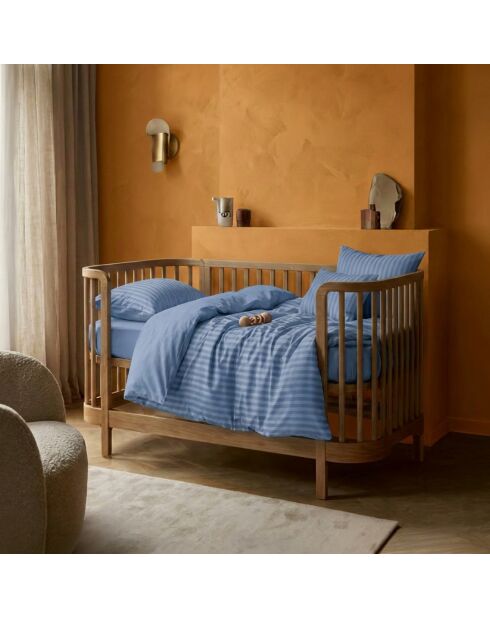 Housse de couette + taie d'oreiller bébé en satin de coton rayure tissé dobby Jacquard bleues - 100x135 cm